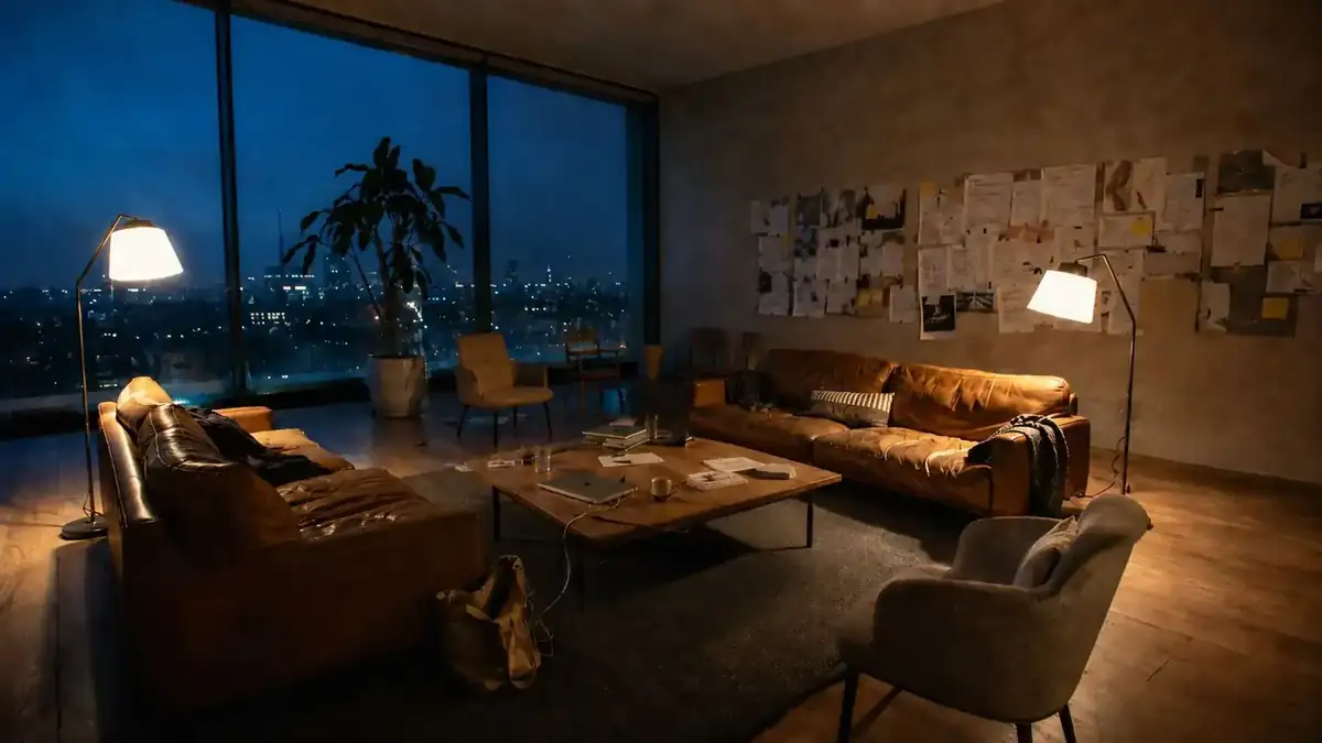A lounge at dusk, lamps lit, a wall of pinned paper, nobody in the room