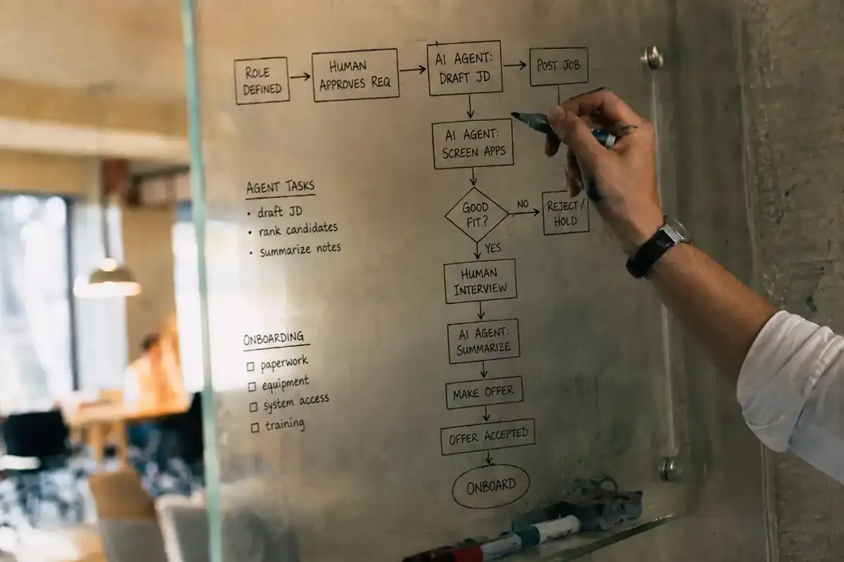 A hand redrawing a workflow on a glass wall, each step marked agent or human