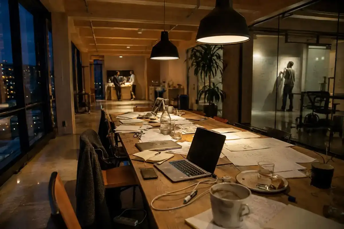 A meeting room at dusk with the day's work still on the table